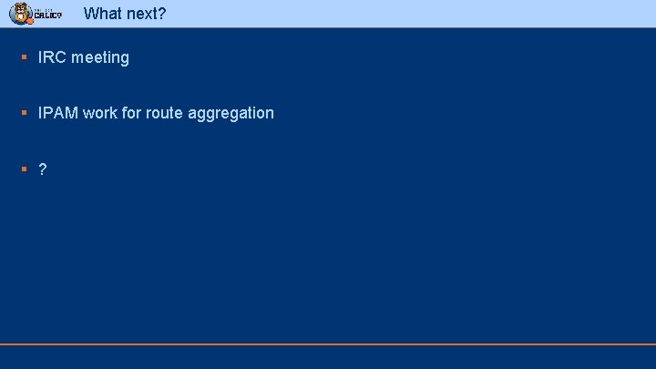 What next? § IRC meeting § IPAM work for route aggregation § ? 