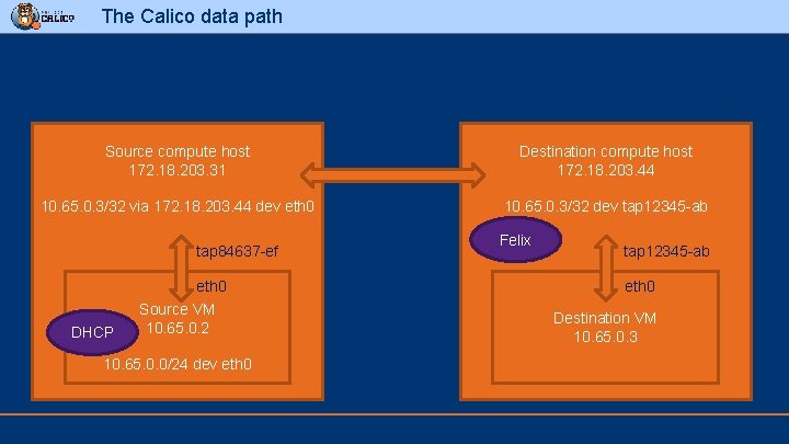 The Calico data path Source compute host 172. 18. 203. 31 Destination compute host