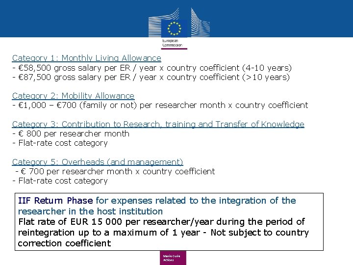 Category 1: Monthly Living Allowance - € 58, 500 gross salary per ER /