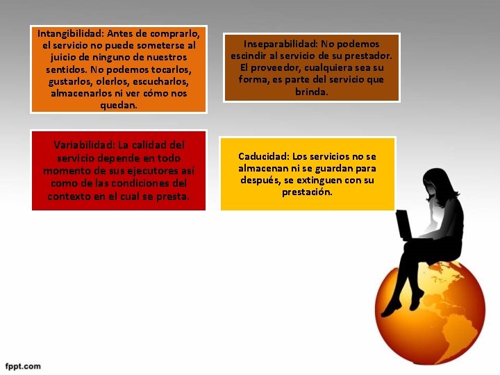 Intangibilidad: Antes de comprarlo, el servicio no puede someterse al juicio de ninguno de Intangibilidad: Antes de comprarlo, el servicio no puede someterse al juicio de ninguno de