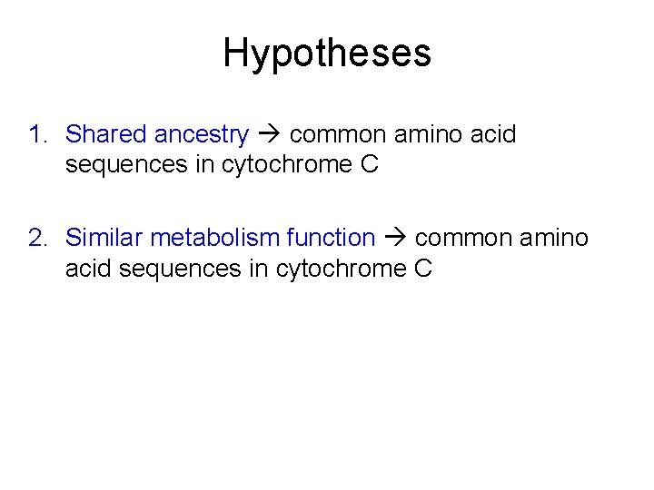 Hypotheses 1. Shared ancestry common amino acid sequences in cytochrome C 2. Similar metabolism