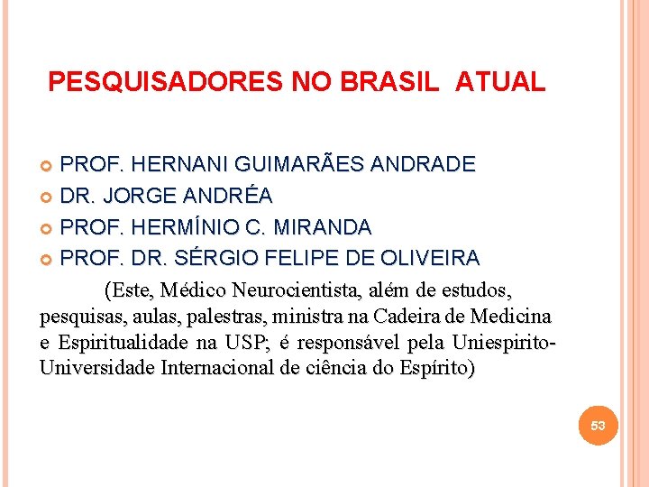 PESQUISADORES NO BRASIL ATUAL PROF. HERNANI GUIMARÃES ANDRADE DR. JORGE ANDRÉA PROF. HERMÍNIO C.
