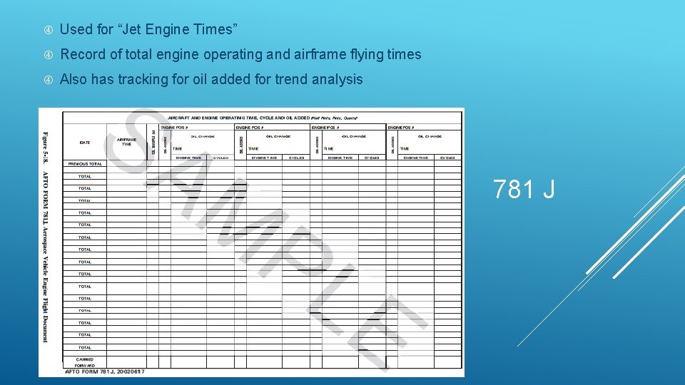  Used for “Jet Engine Times” Record of total engine operating and airframe flying