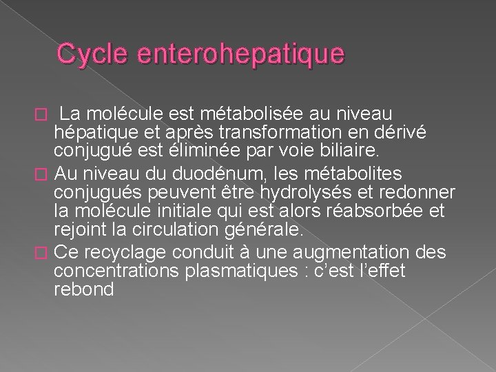 Cycle enterohepatique La molécule est métabolisée au niveau hépatique et après transformation en dérivé Cycle enterohepatique La molécule est métabolisée au niveau hépatique et après transformation en dérivé