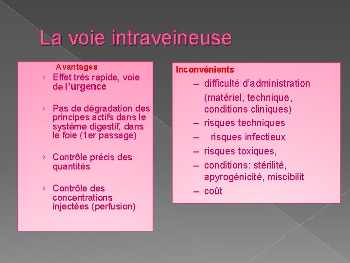 La voie intraveineuse Avantages › Effet très rapide, voie de l’urgence › Pas de La voie intraveineuse Avantages › Effet très rapide, voie de l’urgence › Pas de