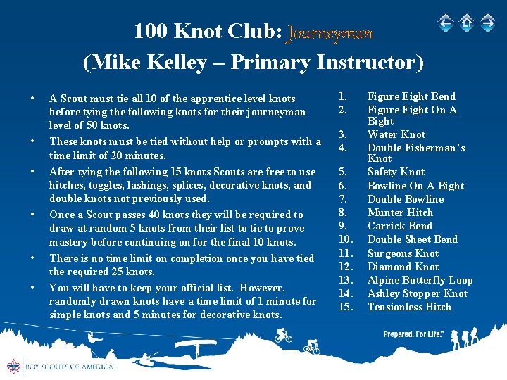 100 Knot Club: Journeyman (Mike Kelley – Primary Instructor) • • • A Scout