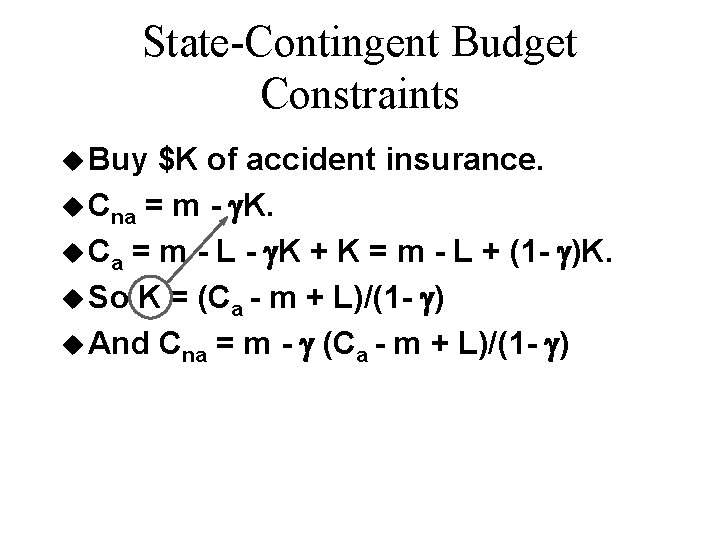 State-Contingent Budget Constraints u Buy $K of accident insurance. u Cna = m -