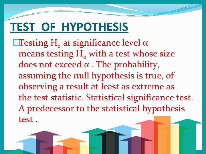 TEST OF HYPOTHESIS �Testing H 0 at significance level α means testing H 0