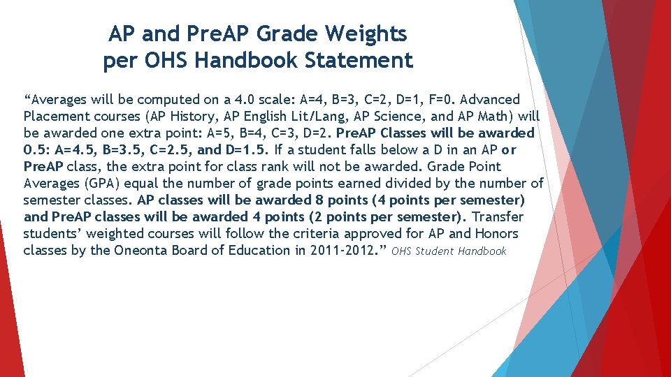 AP and Pre. AP Grade Weights per OHS Handbook Statement “Averages will be computed