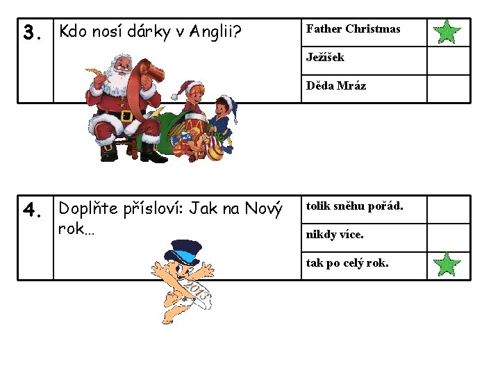 3. Kdo nosí dárky v Anglii? Father Christmas Ježíšek Děda Mráz 4. Doplňte přísloví: