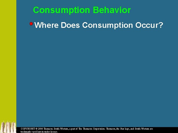 Consumption Behavior Where Does Consumption Occur? COPYRIGHT © 2006 Thomson South-Western, a part of