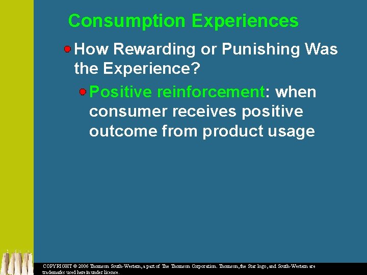 Consumption Experiences How Rewarding or Punishing Was the Experience? Positive reinforcement: when consumer receives