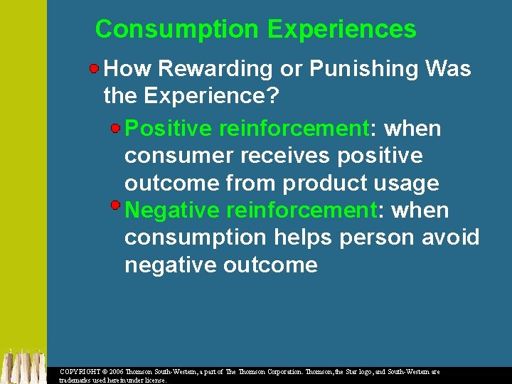 Consumption Experiences How Rewarding or Punishing Was the Experience? Positive reinforcement: when consumer receives