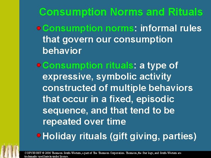 Consumption Norms and Rituals Consumption norms: informal rules that govern our consumption behavior Consumption