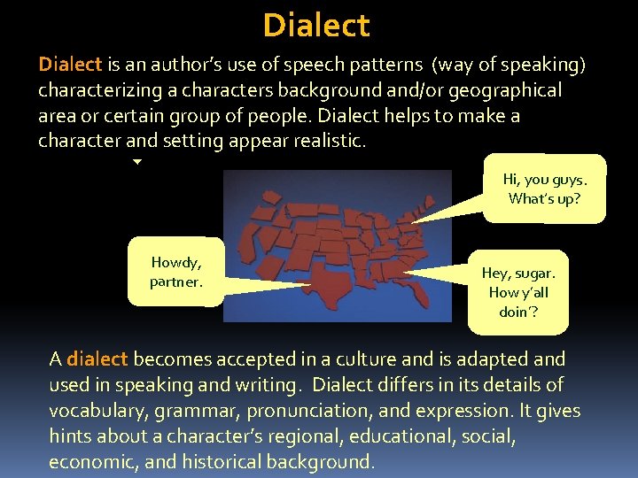 Dialect is an author’s use of speech patterns (way of speaking) characterizing a characters