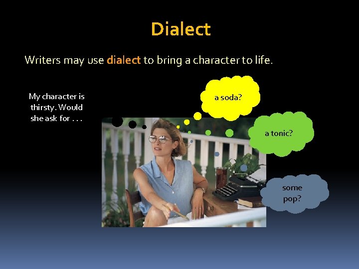 Dialect Writers may use dialect to bring a character to life. My character is