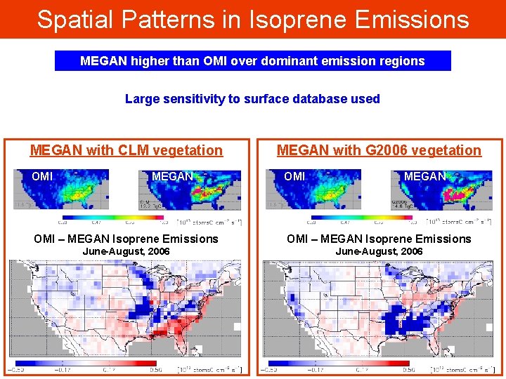 Spatial Patterns in Isoprene Emissions MEGAN higher than OMI over dominant emission regions Large