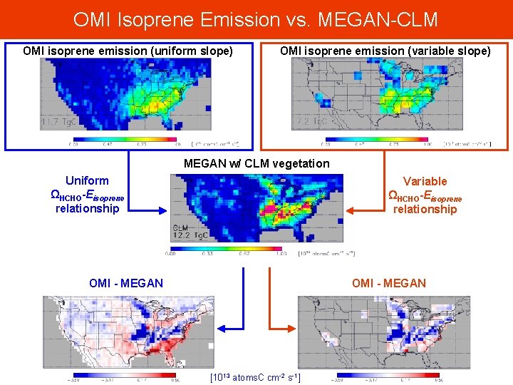 OMI Isoprene Emission vs. MEGAN-CLM OMI isoprene emission (uniform slope) OMI isoprene emission (variable