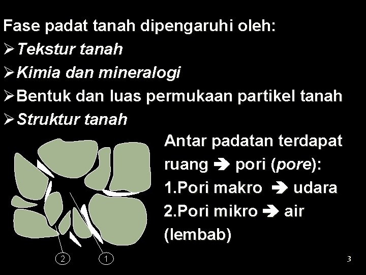 Fase padat tanah dipengaruhi oleh: ØTekstur tanah ØKimia dan mineralogi ØBentuk dan luas permukaan