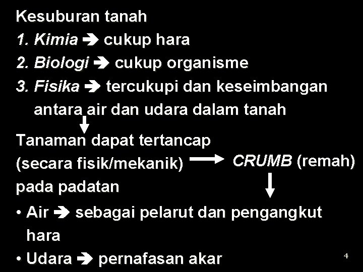 Kesuburan tanah 1. Kimia cukup hara 2. Biologi cukup organisme 3. Fisika tercukupi dan