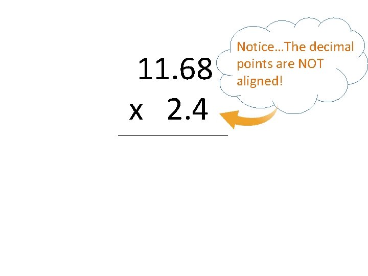 11. 68 x 2. 4 ____________ Notice…The decimal points are NOT aligned! 