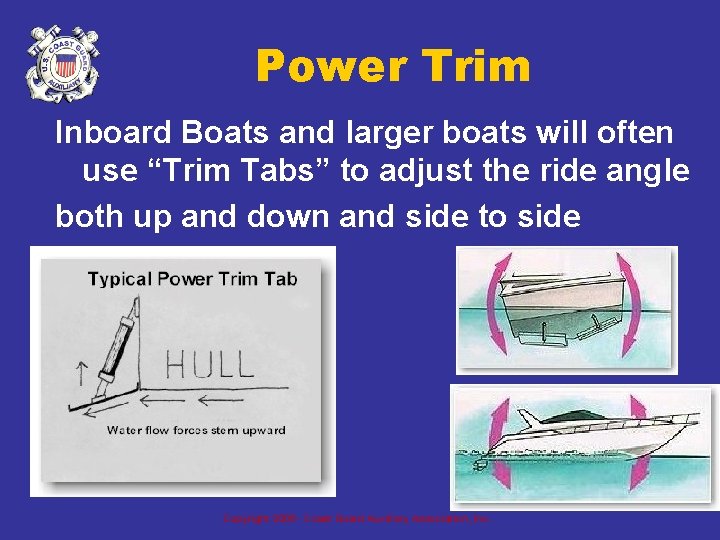 Power Trim Inboard Boats and larger boats will often use “Trim Tabs” to adjust