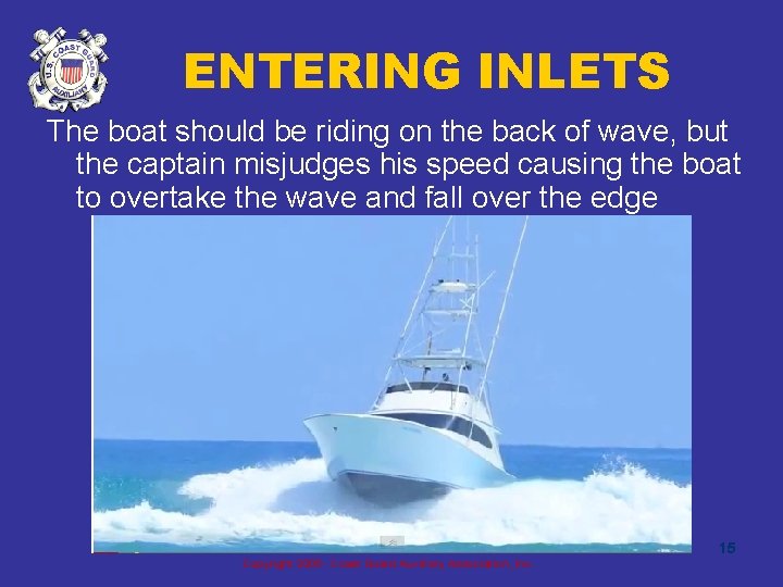 ENTERING INLETS The boat should be riding on the back of wave, but the