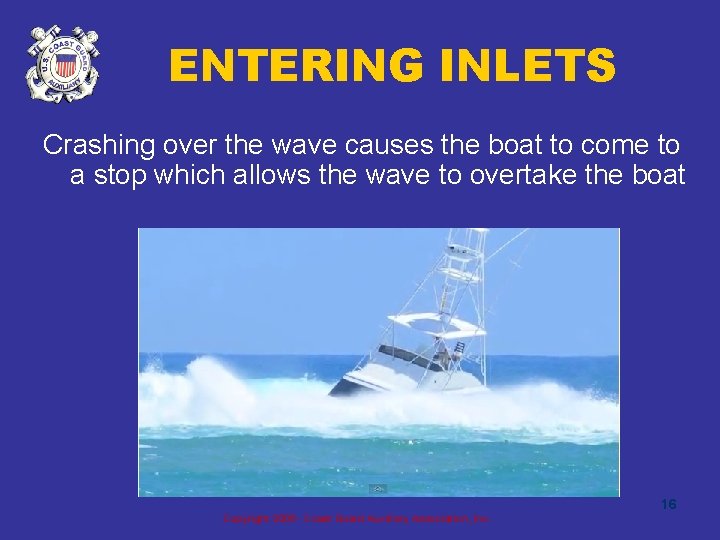 ENTERING INLETS Crashing over the wave causes the boat to come to a stop