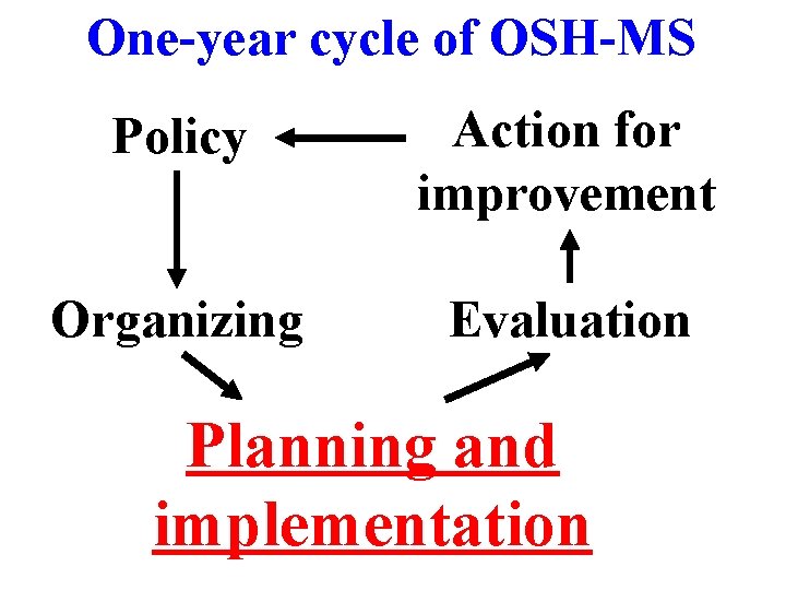 One-year cycle of OSH-MS Policy Action for improvement Organizing Evaluation Planning and implementation 