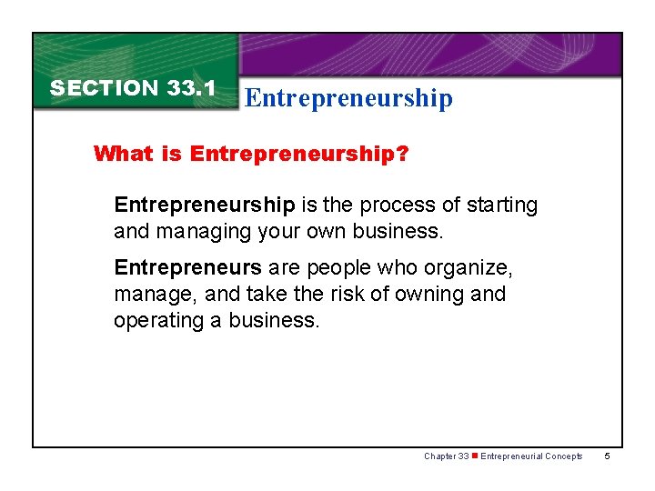 SECTION 33. 1 Entrepreneurship What is Entrepreneurship? Entrepreneurship is the process of starting and