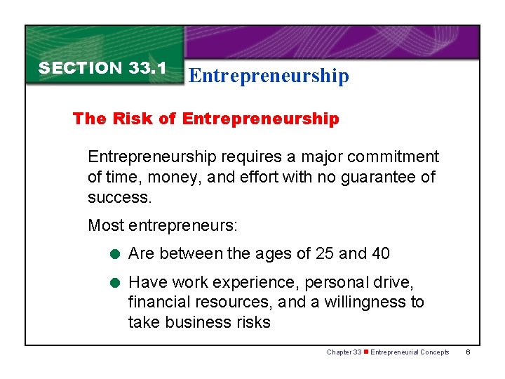 SECTION 33. 1 Entrepreneurship The Risk of Entrepreneurship requires a major commitment of time,