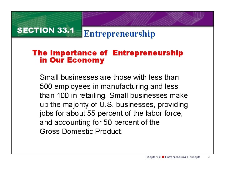 SECTION 33. 1 Entrepreneurship The Importance of Entrepreneurship in Our Economy Small businesses are