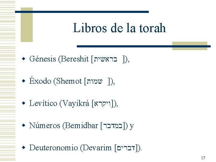 Libros de la torah w Génesis (Bereshit [ )] בראשית , w Éxodo (Shemot