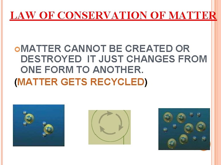 LAW OF CONSERVATION OF MATTER CANNOT BE CREATED OR DESTROYED IT JUST CHANGES FROM