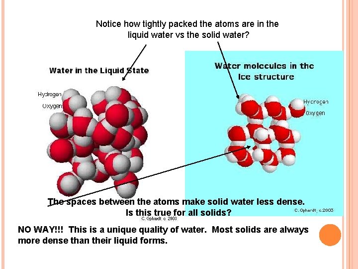 Notice how tightly packed the atoms are in the liquid water vs the solid