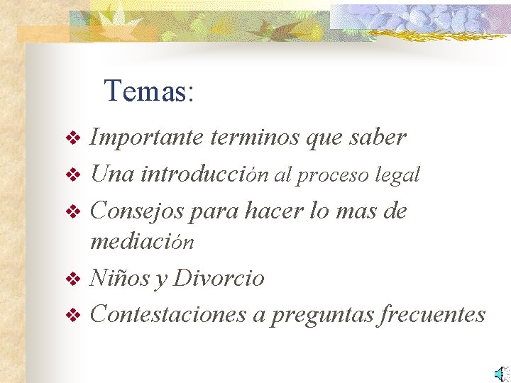 Temas: v v v Importante terminos que saber Una introducción al proceso legal Consejos