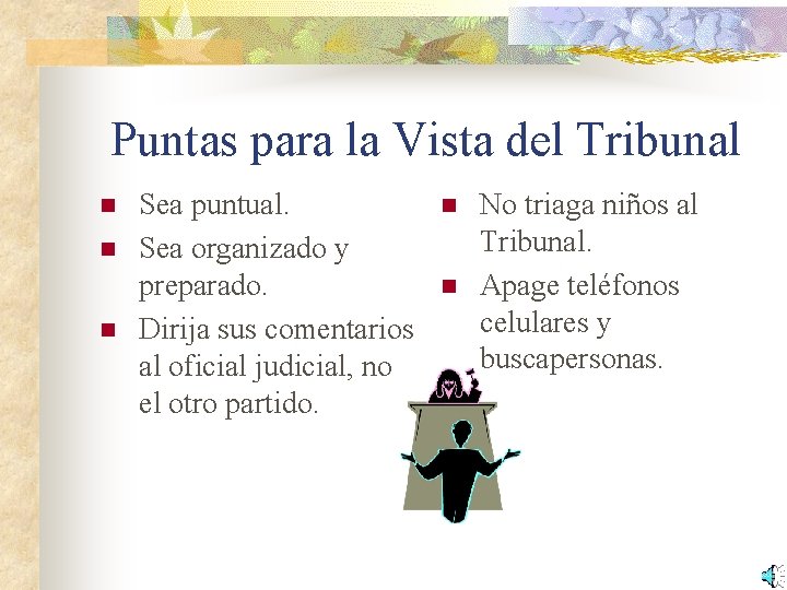 Puntas para la Vista del Tribunal n n n Sea puntual. Sea organizado y