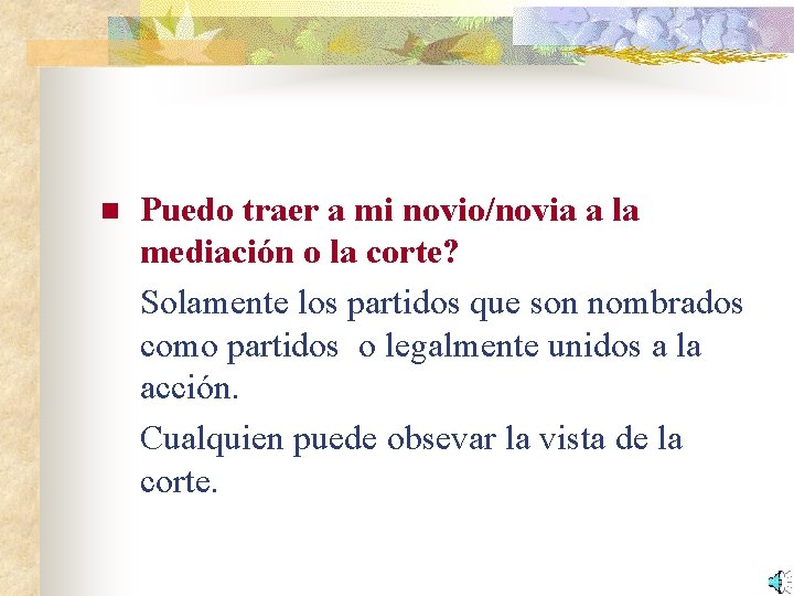 n Puedo traer a mi novio/novia a la mediación o la corte? Solamente los