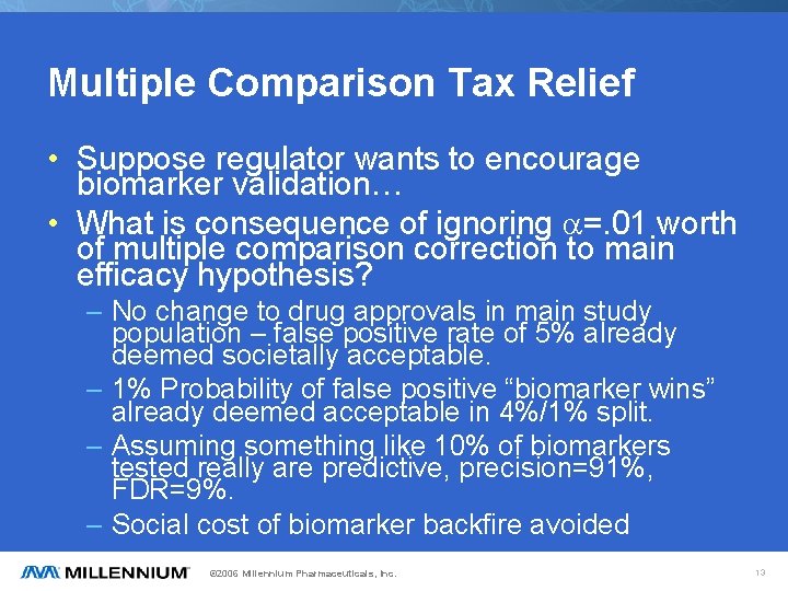 Multiple Comparison Tax Relief • Suppose regulator wants to encourage biomarker validation… • What