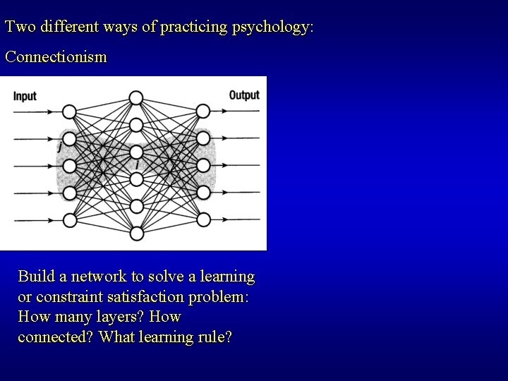 Two different ways of practicing psychology: Connectionism Build a network to solve a learning Two different ways of practicing psychology: Connectionism Build a network to solve a learning