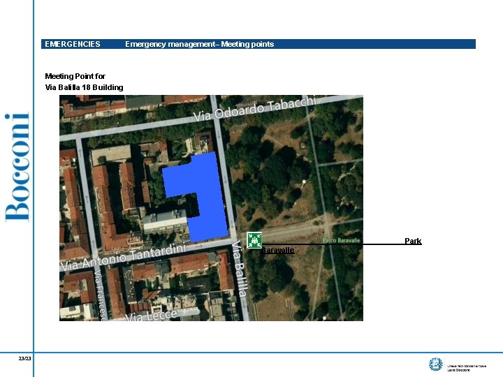 EMERGENCIES Emergency management– Meeting points Meeting Point for Via Balilla 18 Building Park Baravalle