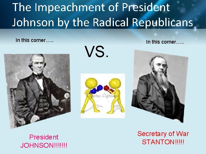 The Impeachment of President Johnson by the Radical Republicans In this corner…. . VS.