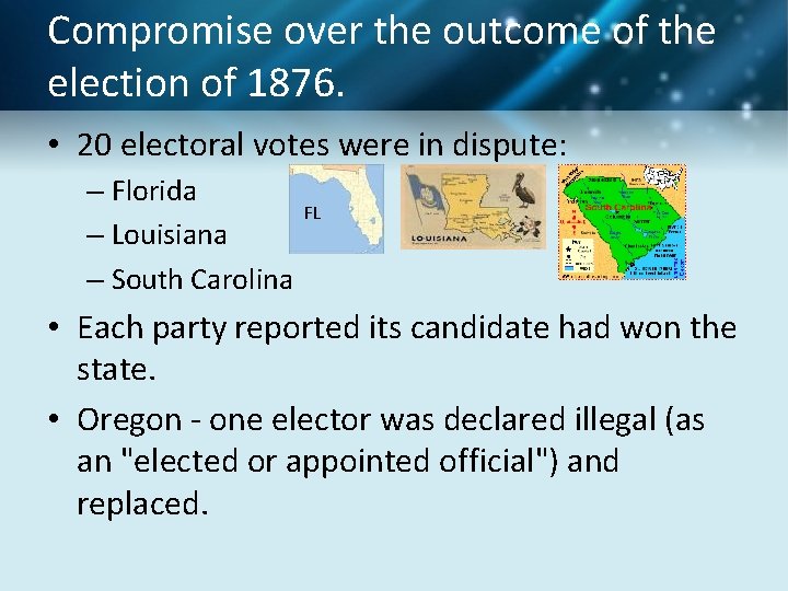 Compromise over the outcome of the election of 1876. • 20 electoral votes were