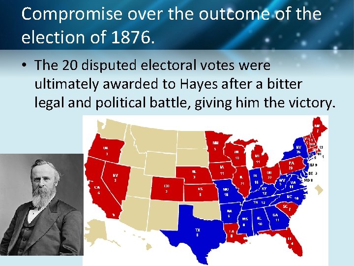 Compromise over the outcome of the election of 1876. • The 20 disputed electoral