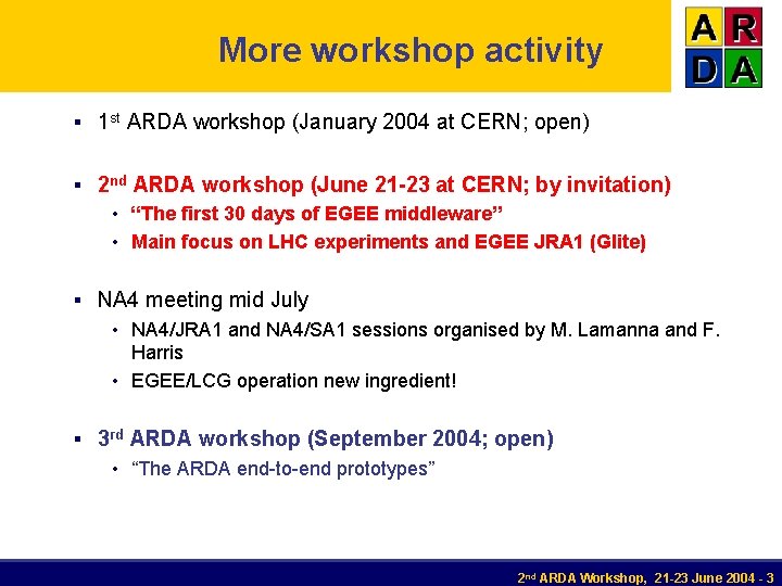 More workshop activity § 1 st ARDA workshop (January 2004 at CERN; open) §