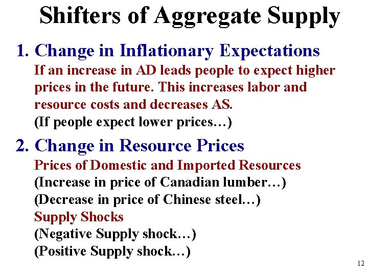 Shifters of Aggregate Supply 1. Change in Inflationary Expectations If an increase in AD