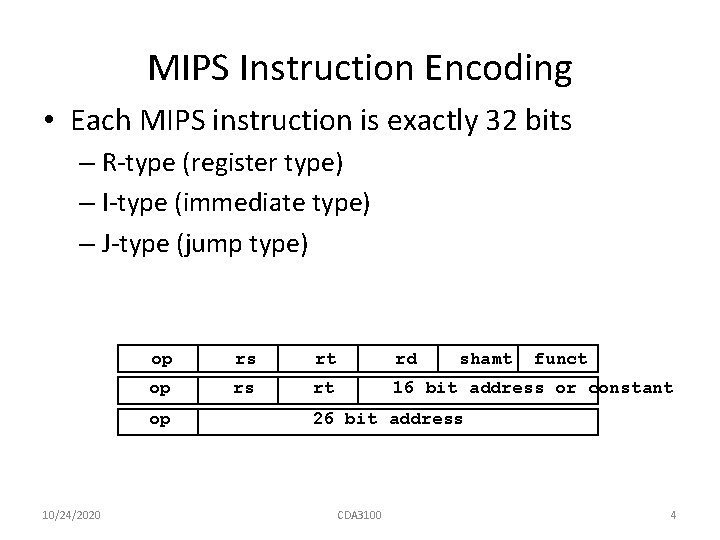 MIPS Instruction Encoding • Each MIPS instruction is exactly 32 bits – R-type (register