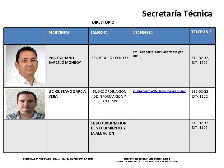 Secretaría Técnica. DIRECTORIO NOMBRE ING. EMILIANO BARCELÓ MONROY LIC. GUSTAVO GARCIA VERA CARGO CORREO