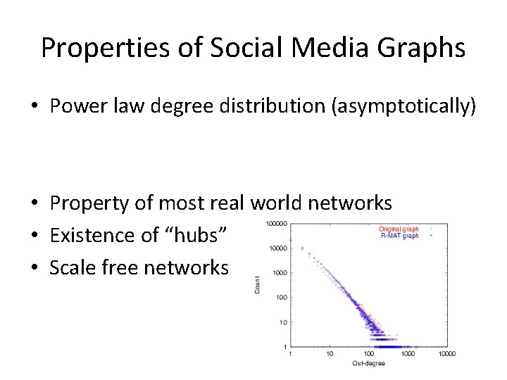 Properties of Social Media Graphs • Power law degree distribution (asymptotically) • Property of