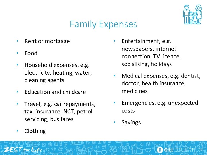 Family Expenses • Rent or mortgage • Food • Household expenses, e. g. electricity,